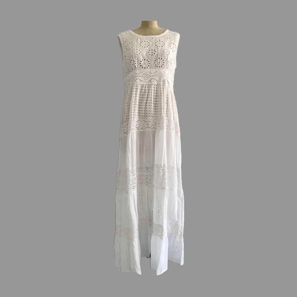 Anthropologie Me 2 Magic White Cotton Crochet Eyelet Sleeveless Maxi Dress S/M